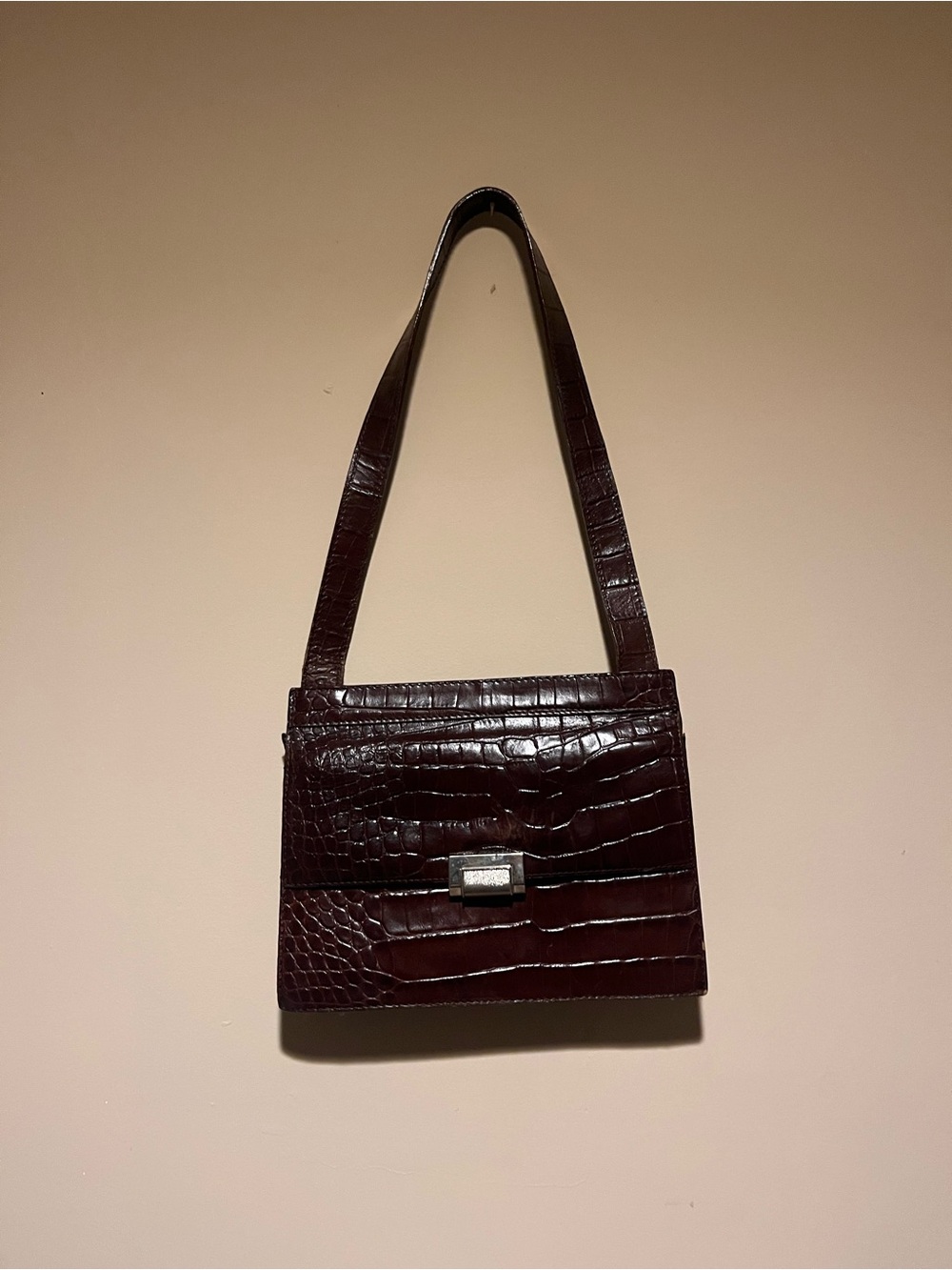 Lord & Taylor Croc-Embossed Shoulder Bag in Dark Brown leather